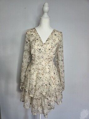 Japna Floral Long Sleeve Ruffle Mini Dress XS Cream Boho Tie Waist
